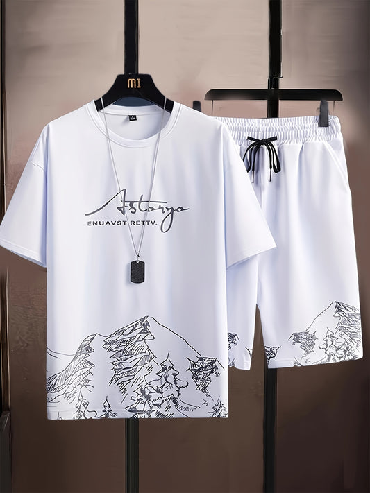 A Men'S Summer Casual Two-Piece Set Featuring a Stylish Short-Sleeve T-Shirt with a Round Neck And Drawstring Shorts, Perfect for Everyday Vacation Beach Wear