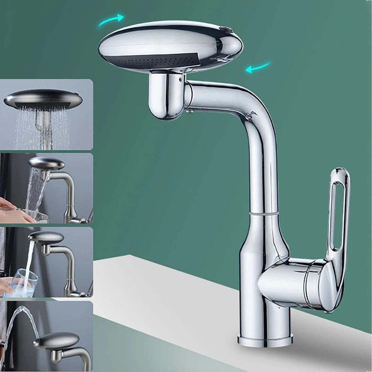Multifunktionaler Wasserfall-Waschtischarmatur mit 4 Wasserauslassmodi, Sprüharmatur 360° drehbar, Warm-Kaltwasser-Spültischarmatur für das Badezimmer
