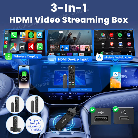CarlinKit FireDrive Link Pro 3-In-1 Wireless Adapter Wireless Android Auto CarPlay HDMI For Fire TV Stick Lite/Max/HD Play Video