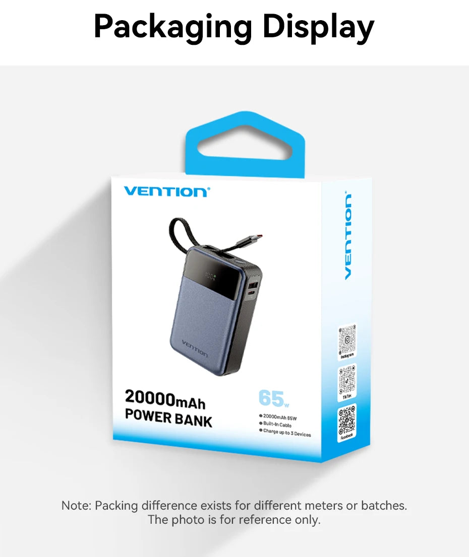 Vention Batterie Externe 65W 20000mAh avec Câble USB-C Intégré Powerbank Portable pour Ordinateur Portable Chargeur Rapide PD pour iPhone 17 Samsung S25 S24