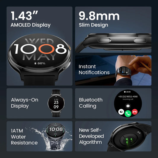 HAYLOU Solar Lite 2 Smartwatch 1,43'' AMOLED Display 24h Gesundheitsüberwachung 150+ Sportmodi Sprachanrufe Smartwatch 1ATM