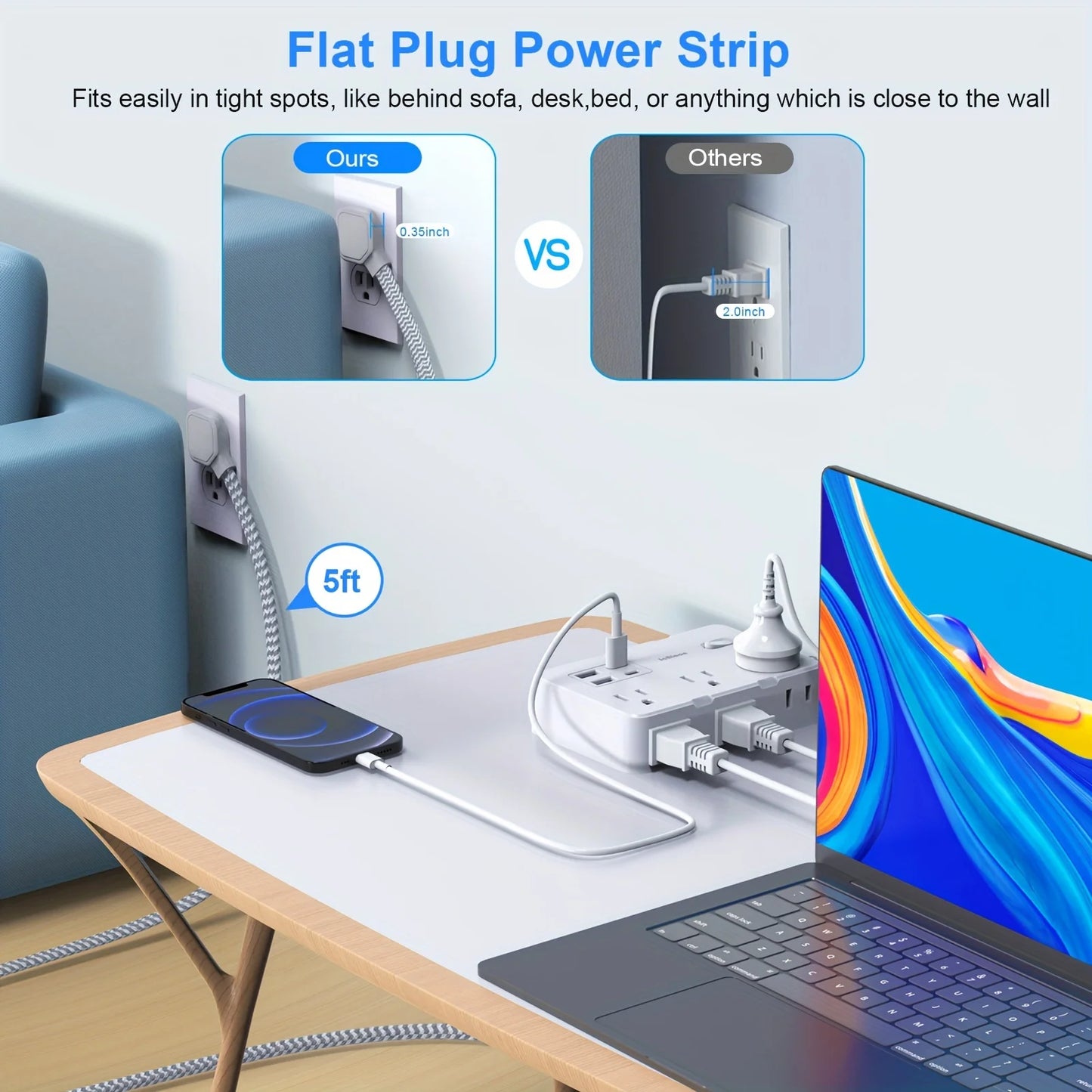 Universal-Steckdosenleiste US-Stecker mit 6 AC-Anschlüssen 4 USB-C/A Ladeports 1,5 m Verlängerungskabel Desktop Wand Erdungs-Steckdose