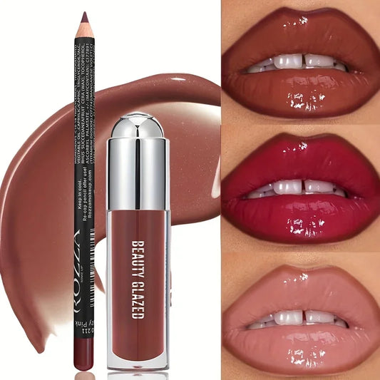 2Pcs Lip Liner Lip Gloss Set,Longlasting Natural Nude Lip Glow Waterproof Lip Oil