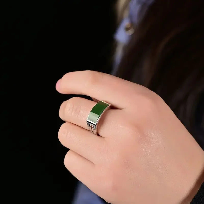 Neuer echter grüner natürlicher Hetian-Jade-Ring, 925 Sterling Silber Ring, Paarringe, Herren Damen Schmuck, Glücksstein Jade Fingerring