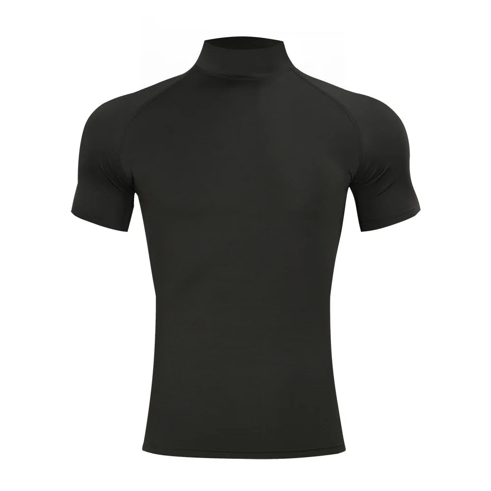 Herren Bodybuilding Sport Enges T-Shirt Sommer Kompressions-Rollkragen Kurzarm Gym Fitness Laufen Schnelltrocknendes Herren-Trainings-Oberteil