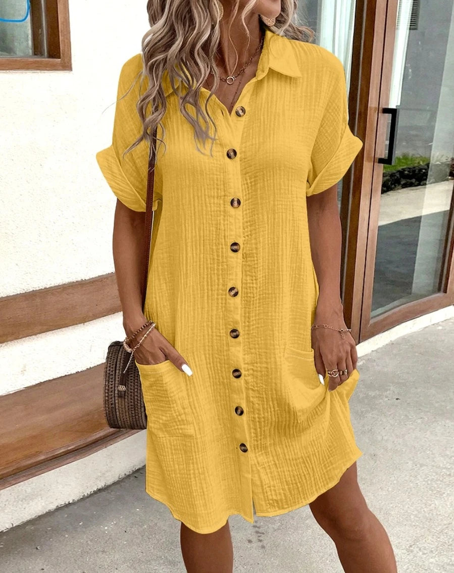Vintage Damen Solid Mini Kleid Sommer Mode V-Ausschnitt Dreiviertelärmel Baumwolle Leinen Kleid Damen Lässige Urlaub Vestidos