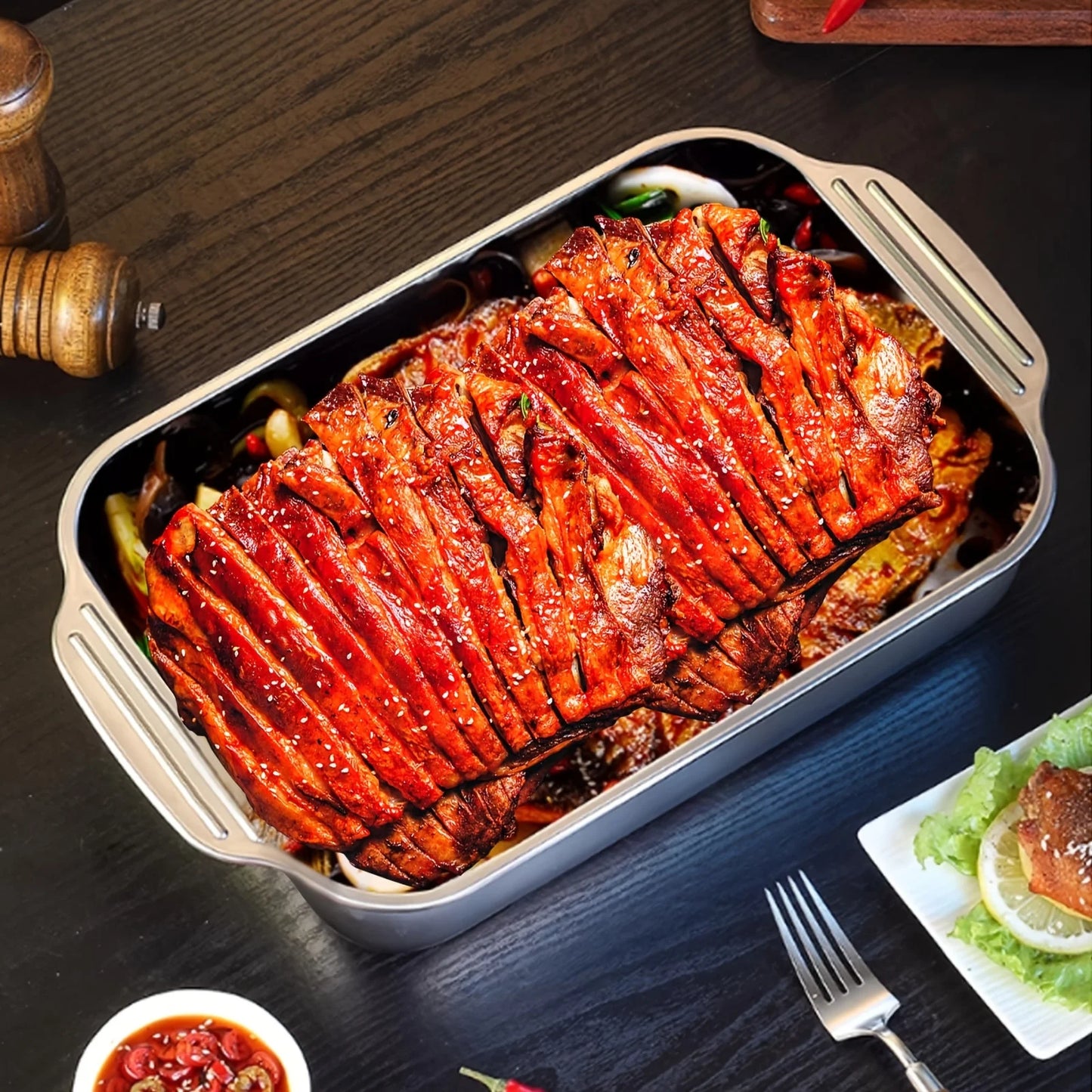 4-teiliges Edelstahl-Backblech-Set mit Deckeln – 40,6 x 22,9 cm tiefe Form für Fisch/Nudeln/Grillen Ofen- und spülmaschinenfestes Kochgeschirr 4,2 l