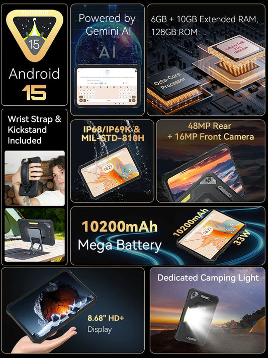 Tablette Android Cubot TAB KingKong Mini, Méga Batterie 10200mAh 16Go(6+10),128Go, Lampe de Camping, Écran 8,68 pouces, Appareil Photo 48MP, GPS