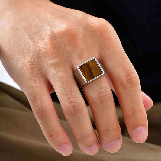 Vnox Stainless Steel Tiger Eye Ring for Men Boys, 14mm Wide Size 7-12 Geometric Signet Ring, Vintage Punk Jewelry Gifts for Him