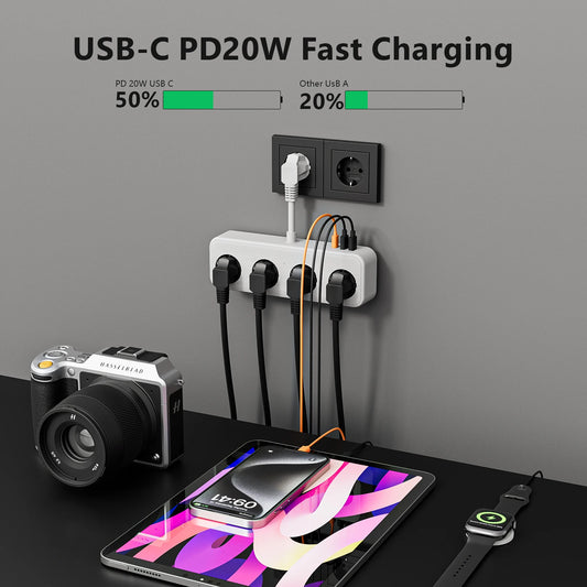 Multiprise européenne 3840W avec 2 ports USB A et 1 port Type C, 4 prises CA, charge rapide, rallonge électrique avec parasurtenseur pour la maison
