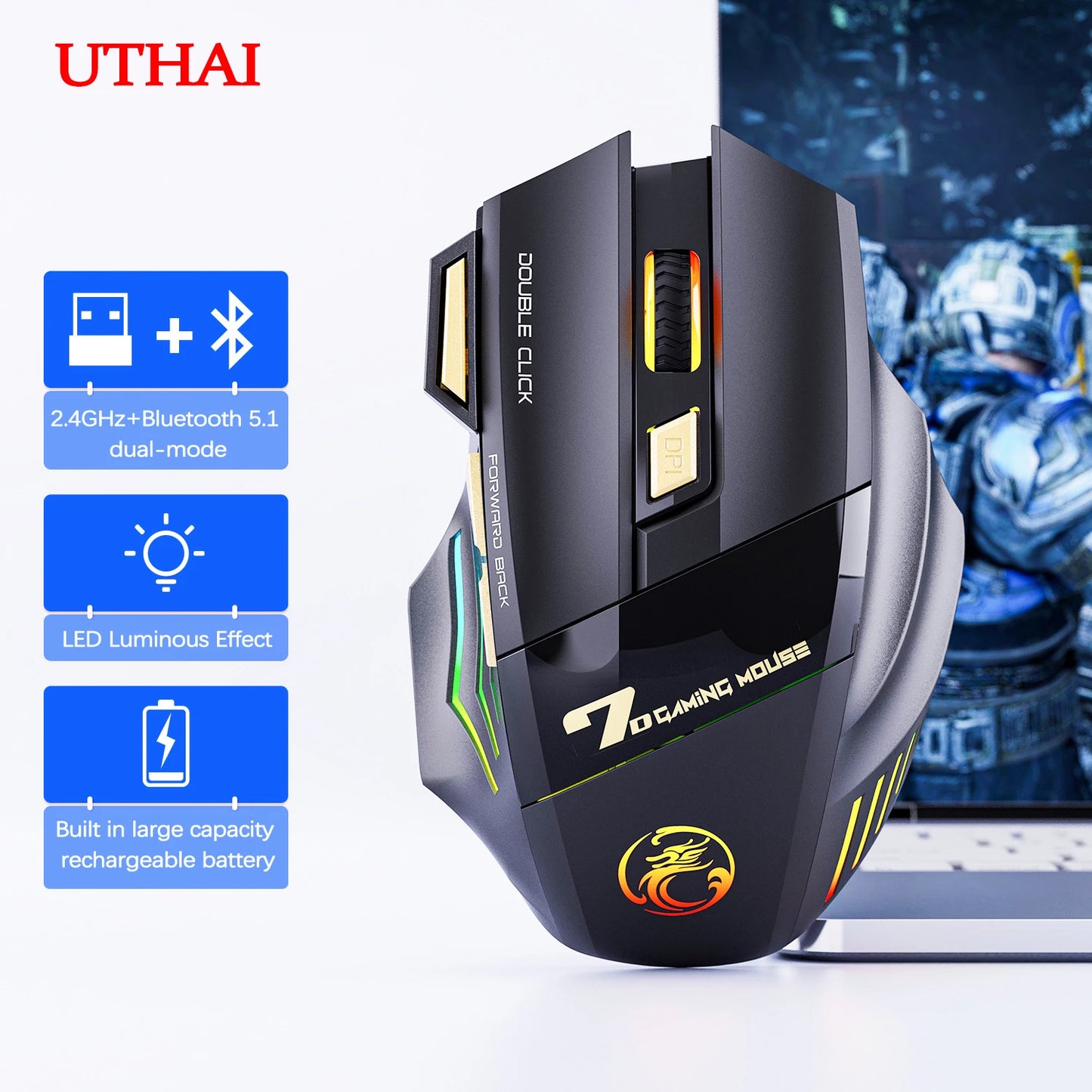 UTHAI GW-X7 Laptop Zubehör 7-Tasten Double Tap Free 2.4G Silent Wiederaufladbare Bunte Atmende Licht Drahtlose Gaming Maus