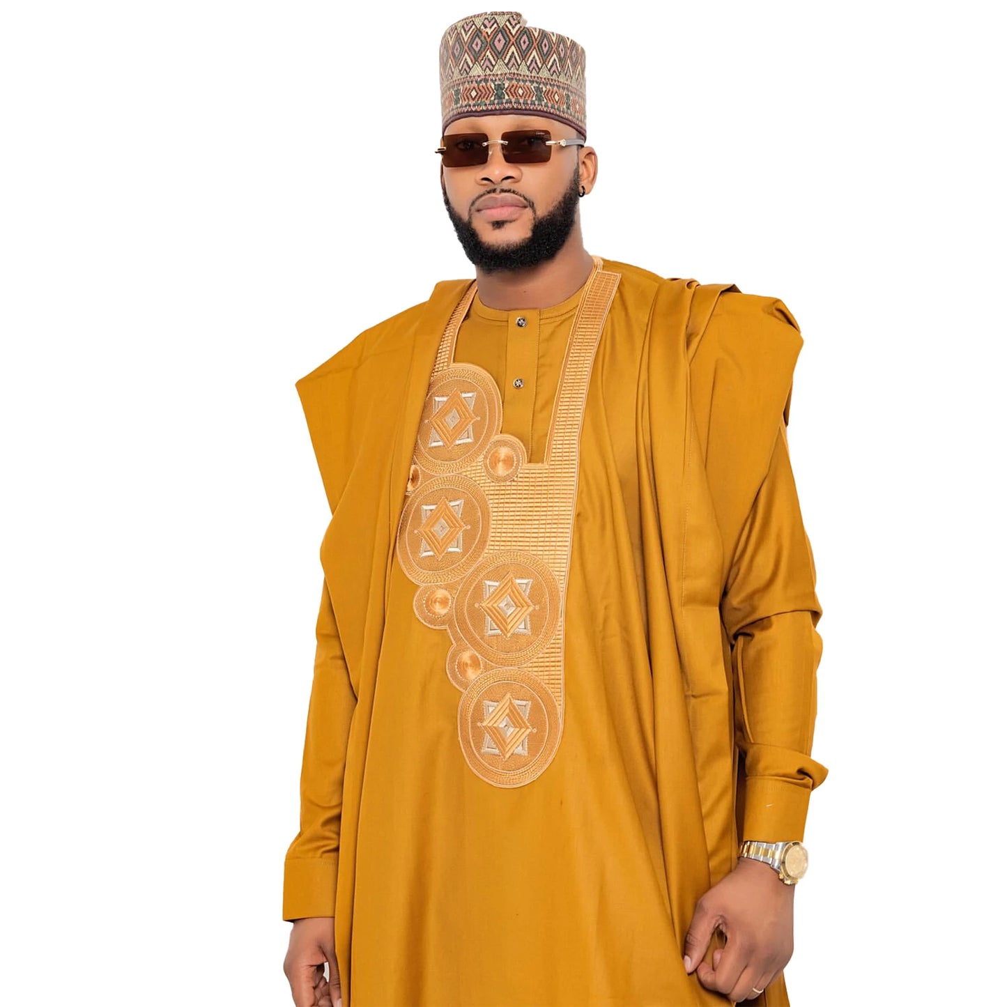 Afrikanische Kleidung für Herren, traditionelles Bazin Riche Stickerei-Design, Oberteil, lange Ärmel, 3-teiliges Set