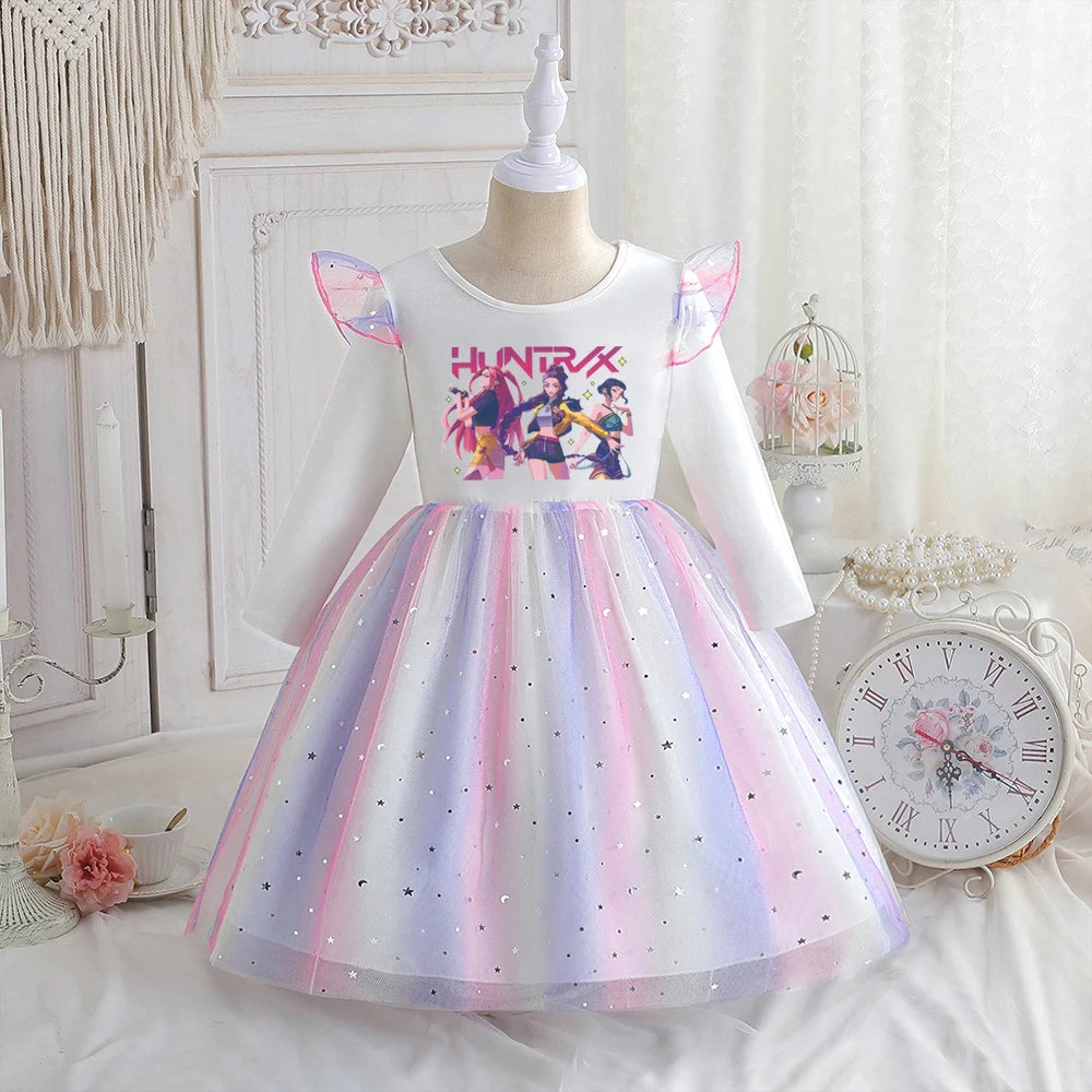 Kpop Dämonenjäger Kinderkleidung Frühling Langärmeliges Prinzessinnenkleid Baby Mädchenkleid Für Kindergeburtstagsfeier Regenbogen 2-8 Jahre