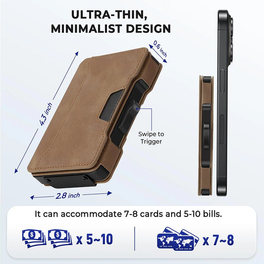 Aluminum Pop Up Card Case and Leather Slots Credit Card Holder RFID Blocking Wallet for Men with Gift Box