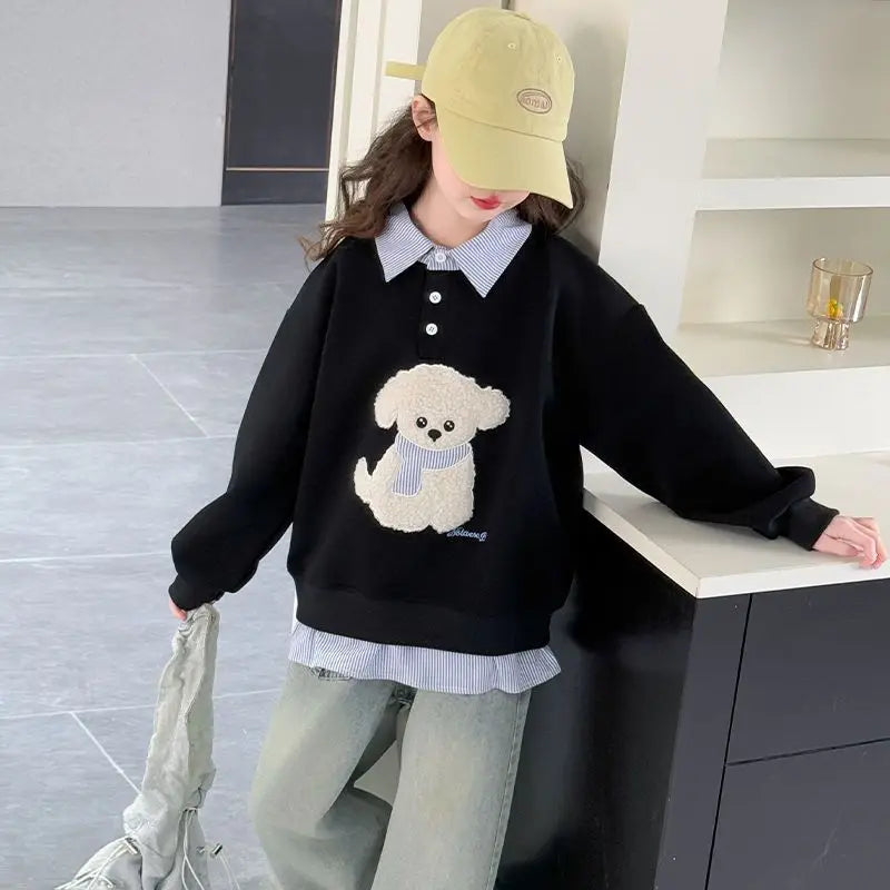 Sweatshirt Mädchen 2025 Neu Faux Zweiteiliger Polo Hoodie Frühling/Herbst Kinder Mittel-Groß Locker Sitzender Cartoon Welpen Top