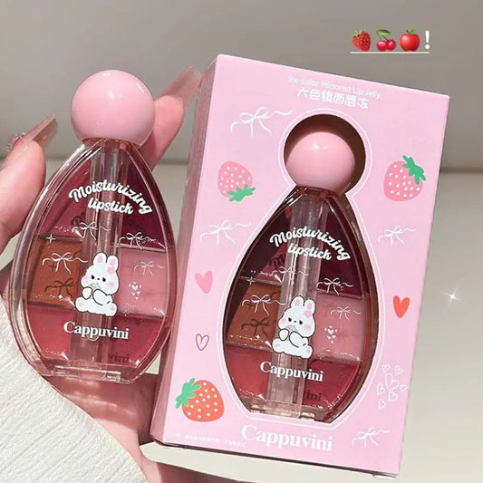Six-color Strawberry Mirror Jelly Lipstick Palette Juicy Pink Solid Lip Gloss Set Moisturizing Lip Oil Tint with Silicone Brush
