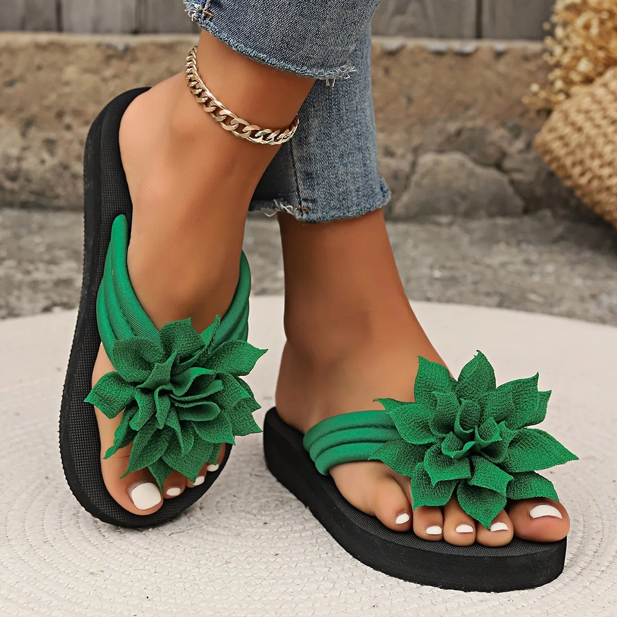 Damen geblümte Flip-Flops Slip-On Urlaub Stil Mittelhohe Absatz Sandalen Stoff Obermaterial EVA Sohle Innensohle Einfarbig Sommer Freizeit Schuhe