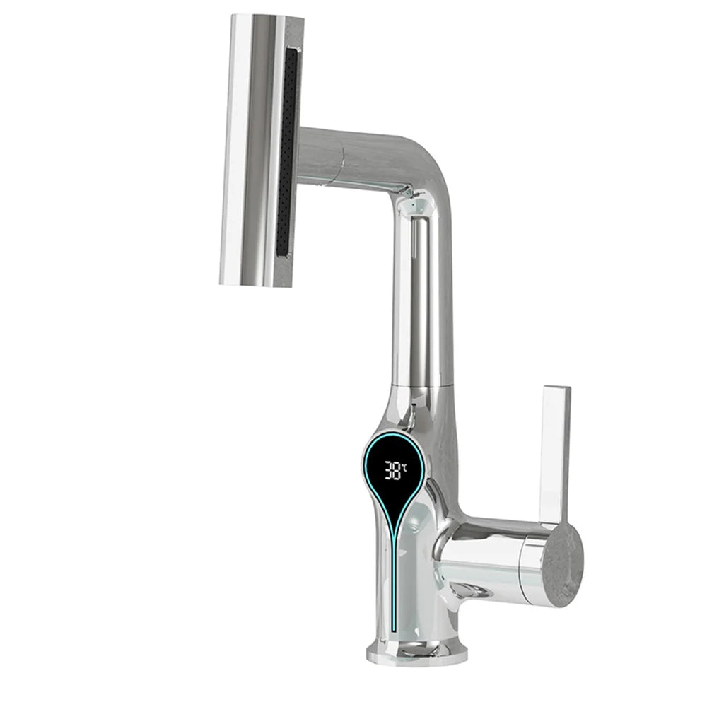 Robinet de lavabo numérique avec affichage de la température Cascade, pulvérisateur à jet relevable haut et bas, mélangeur chaud/froid pour salle de bain