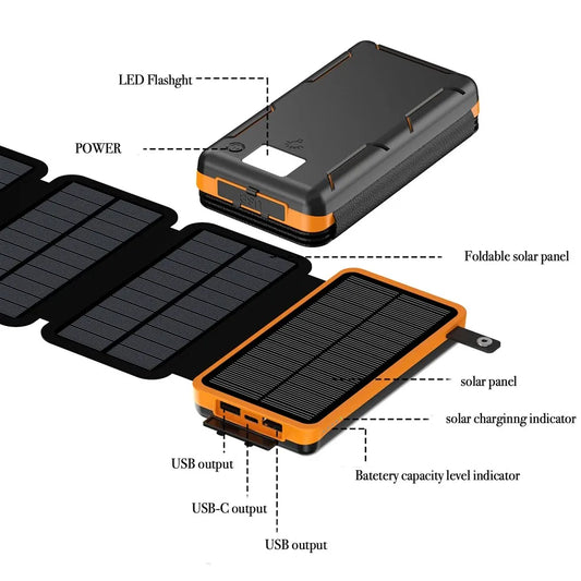 Banque d'alimentation solaire pliable avec 4 panneaux solaires 50000mAh Batterie externe solaire portable compatible avec IOS Android USB-A USB-C