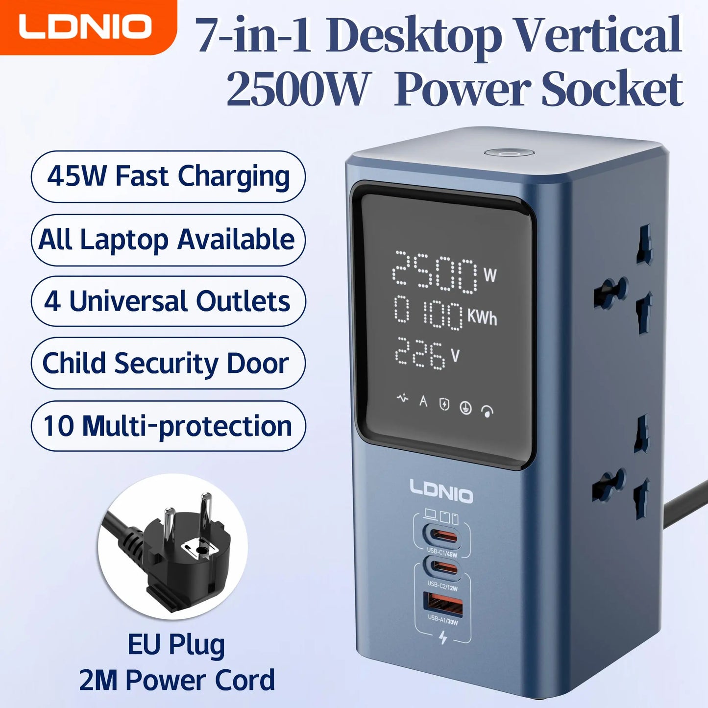 LDNIO 45W Vertikale Turm-Steckdosenleiste Mehrfach Universalsteckdosen Verlängerungskabel QC PD USB C Schnellladegerät Bildschirm UK EU US Stecker