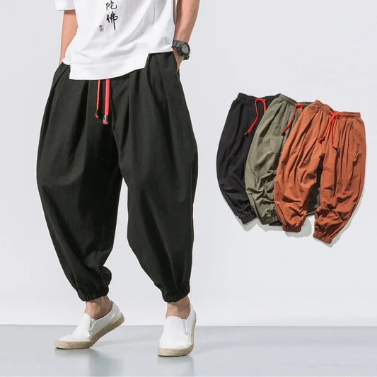 Nouveau pantalon sarouel homme tendance, ample, style oversize, en coton et lin de haute qualité, pantalon de jogging décontracté pour homme