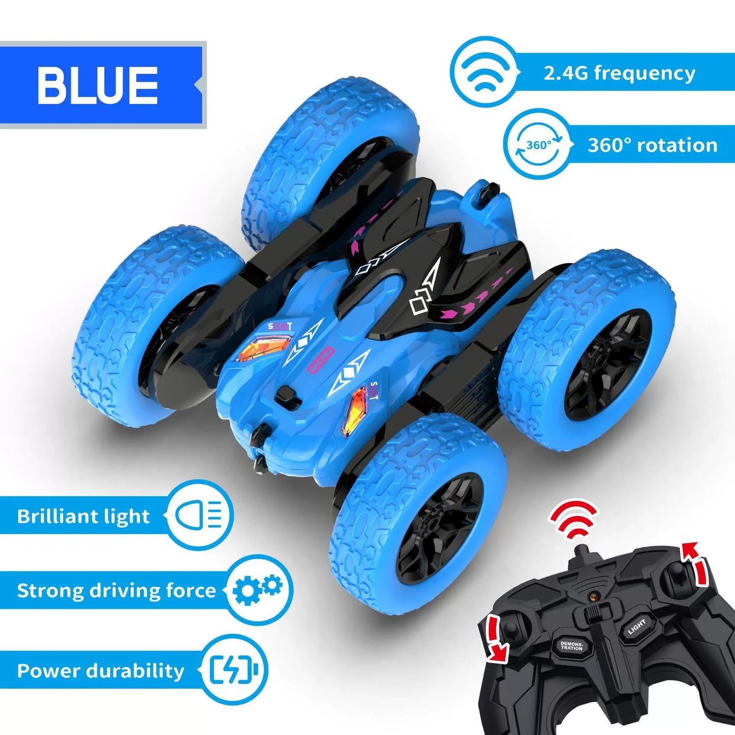RC Stunt Car 360-Grad-Rotation, 2.4GHz doppelseitig fahrbar, Grün/Lila/Blau, Kinderspielzeug für Outdoor-Spiele
