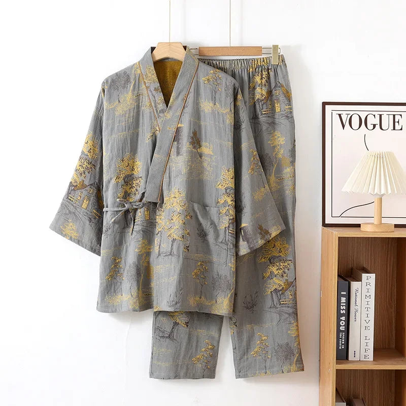 Herren-Kimono für den Herbst, Frühlingsroben mit langer Hose, Pyjama-Set, Homewear, lockere Baumwoll-Pijamas für Männer