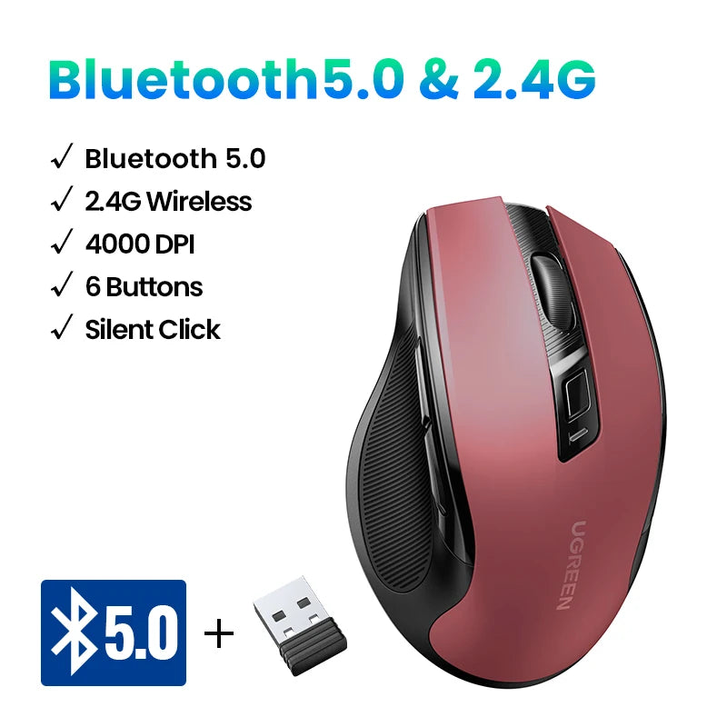 UGREEN Kabellose Maus Bluetooth 5.0 Maus Ergonomisch 4000DPI 6 Stummtasten Maus für MacBook Tablet Laptops Computer PC 2.4G Mäuse