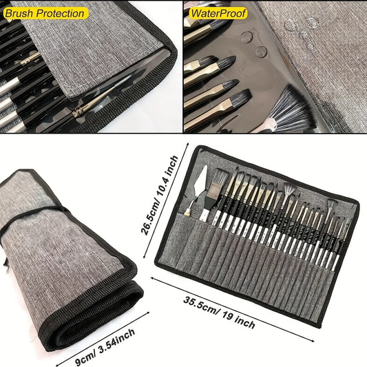 24pcs portable acrylic paint brush set, oil painting, watercolor and watercolor powder with cloth rolls and painting knives