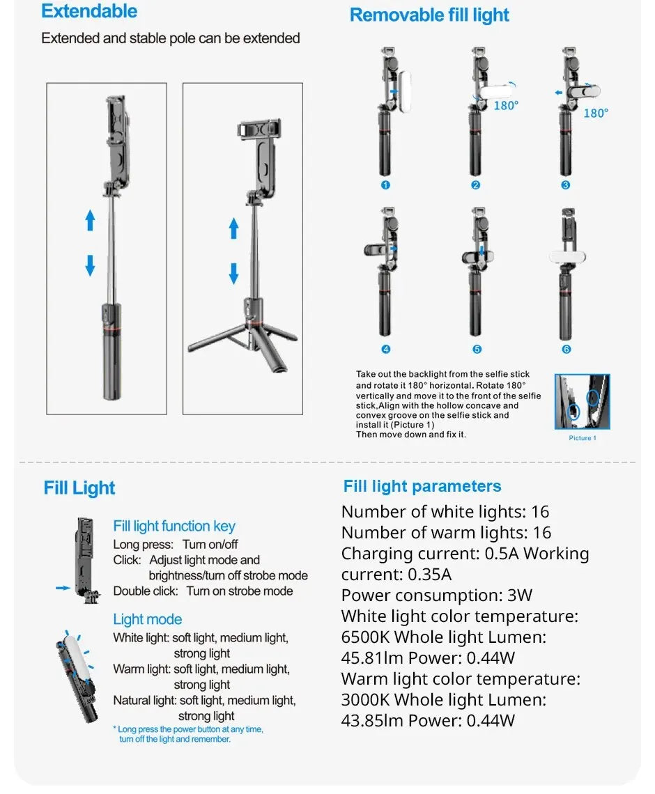 Kabelloser Bluetooth Selfie Stick Faltbares tragbares Stativ mit Aufhelllicht und Auslöser-Fernbedienung für Smartphone-Videoaufnahmen