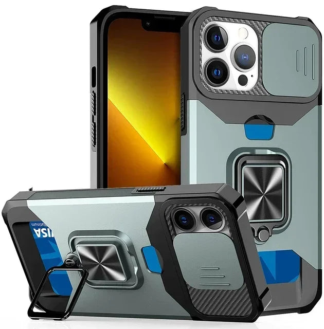 Hülle für iPhone 17 16 15 14 13 12 Pro Max Plus 8 7 Plus Mini Robuster Schutz mit Schiebe-Kameraabdeckung und Kartenclip-Abdeckung