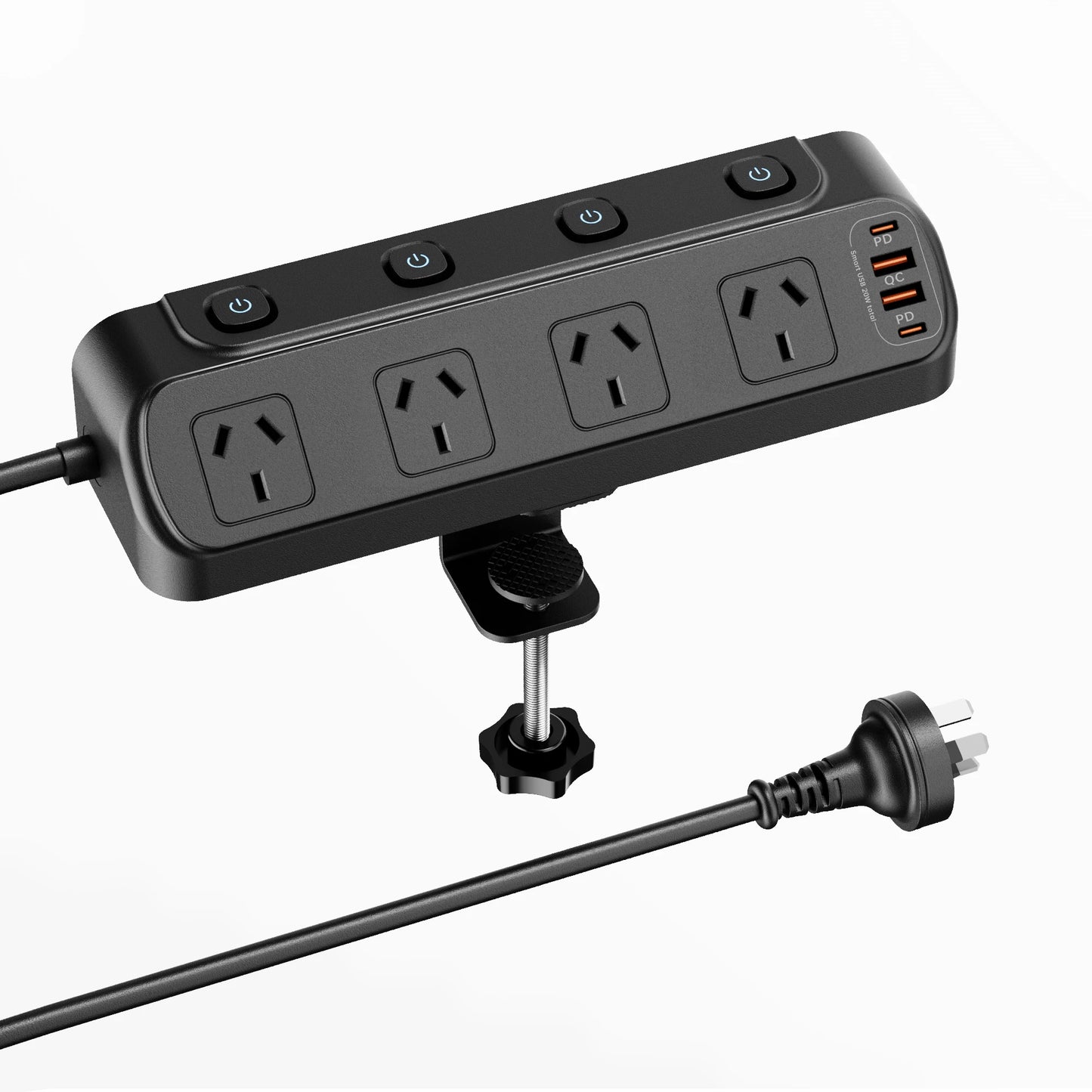 AU Plug Desk Clamp power board with 4 AC outlets 2 USB A and 2 USB C PD20W fast charging, 2m extension cord, multiprise socke
