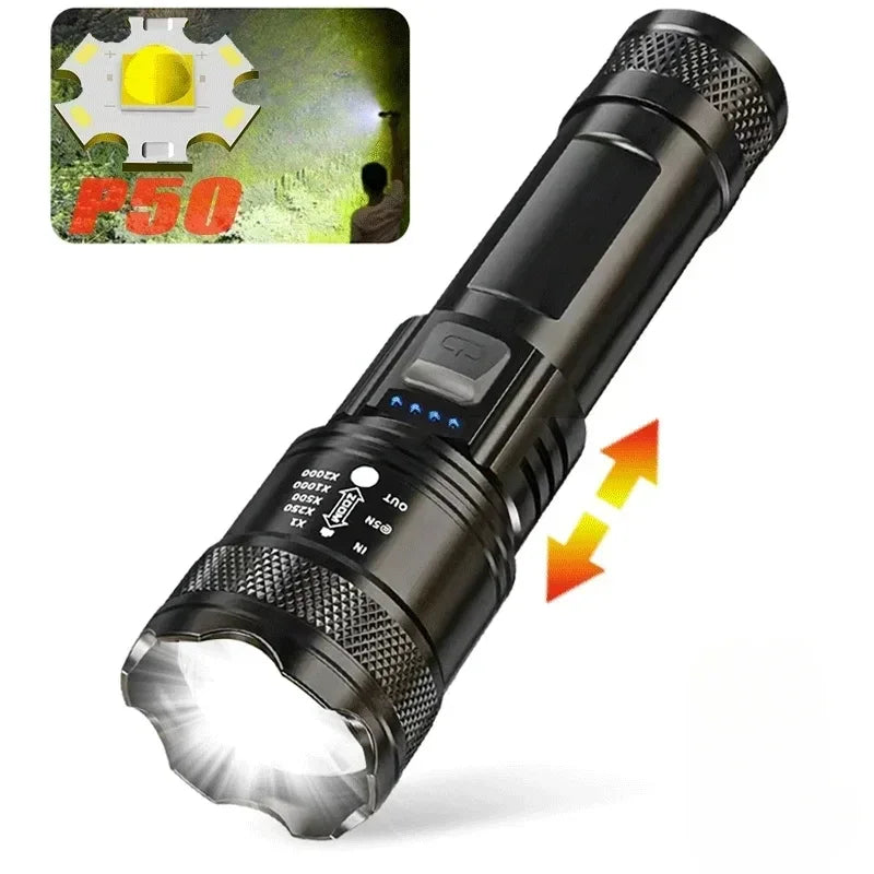 Powerful P70 Led Flashlights 5000LM Ultra Bright Tactical Light Emergency Spotlights Telescopic Zoom Light Built-in Battery
