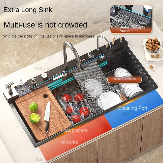 Stainless Steel Waterfall Kitchen Sink Embossed Large Single Slot Household Vegetable Basin Dishwashing Sink Left Side Drainage