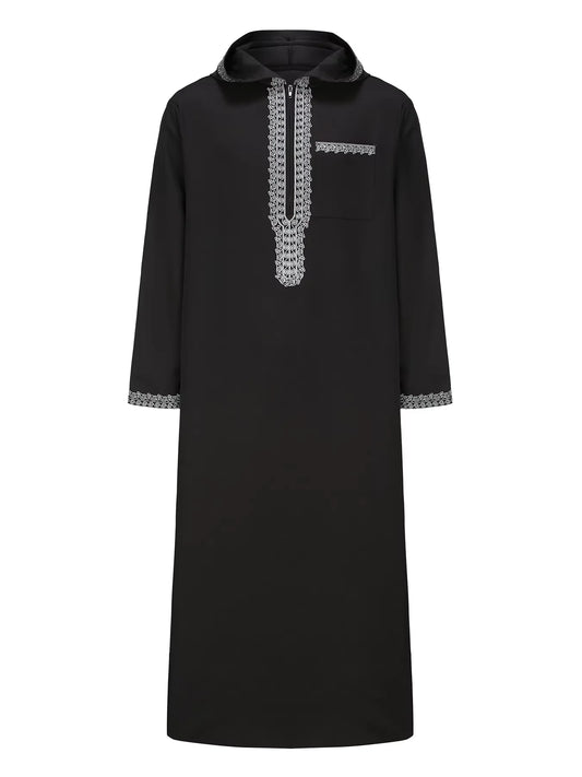 New Muslim men's long robe, Islamic hooded ethnic clothing, elegant retro MiddleEastern embroidery men's simple casual long robe