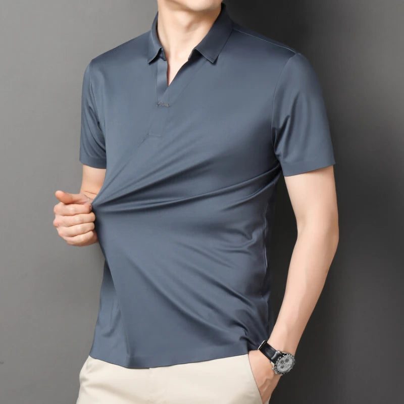 2024 Hochwertiges elastisches Stretch-Polohemd, Business Casual Herren Kurzarmshirt, nahtloses V-Neck M-4XL Herren Polo Shirt