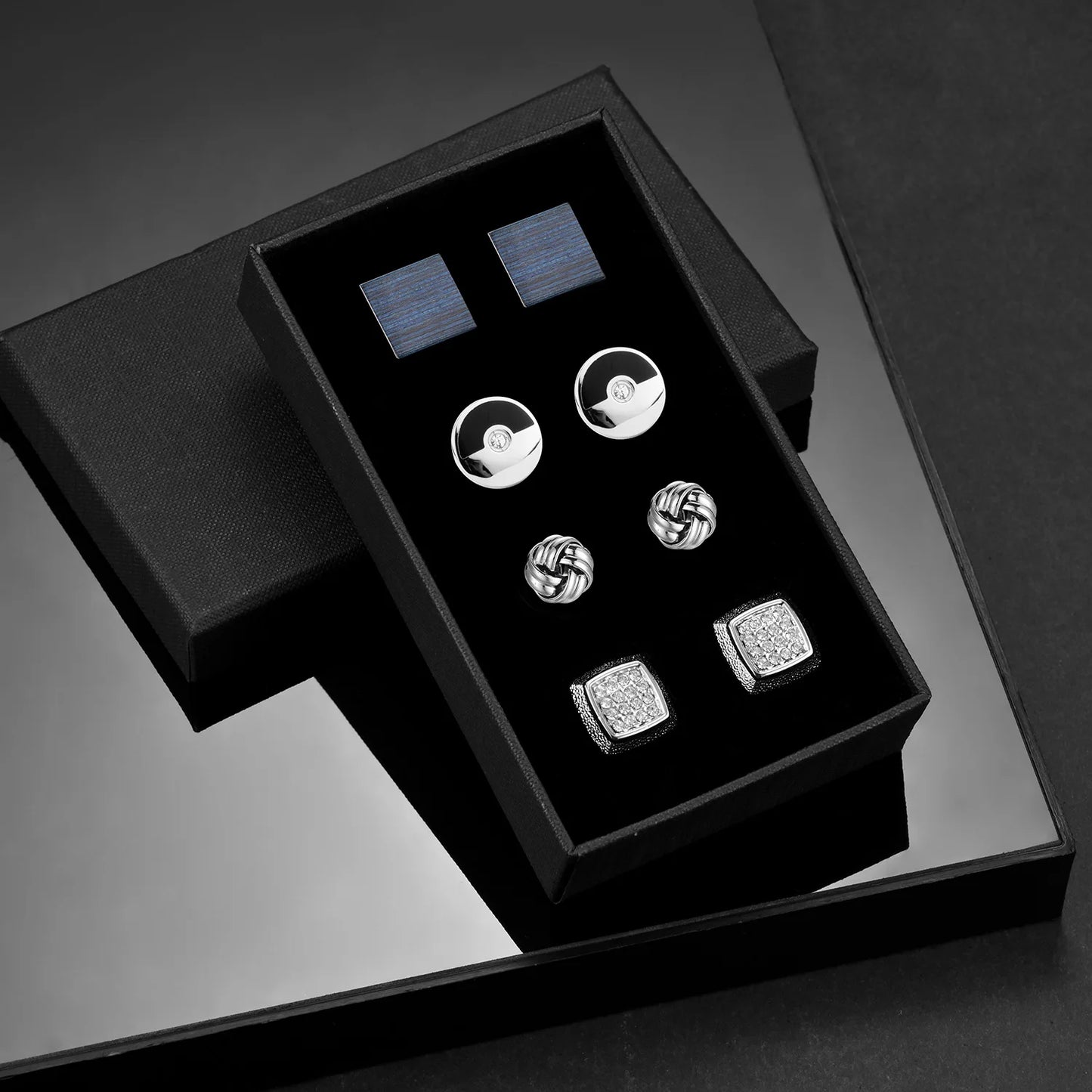 4 Paar Manschettenknöpfe für Herren mit Geschenkbox, Herren-Hemd-Manschettenknöpfe, Geschenke für Hochzeitsgäste, Herrengeschenk für Ehemann, Business-Krawattenklammer T0204022