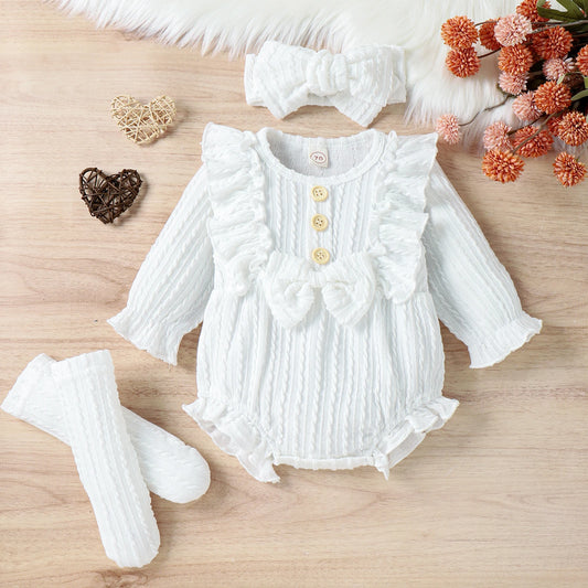 Infant Newborn Baby Girls 3Pcs Spring Autumn Outfits, Long Sleeve Button Front Ruffle Romper + Socks + Headband Set
