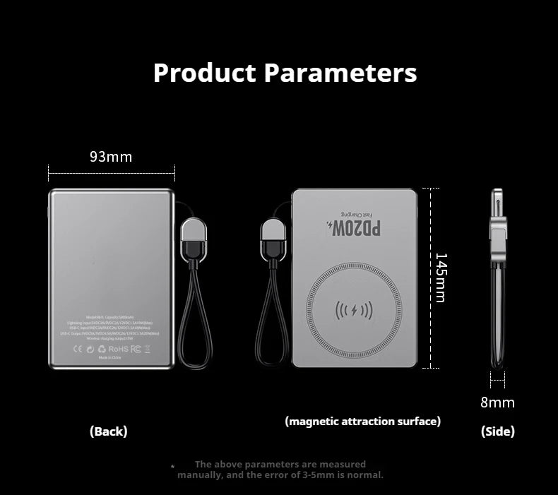 Ultradünne 5000mAh Powerbank 20W Schnelles Laden Kabelgebunden & Kabellos Legierungsgehäuse für iPhone