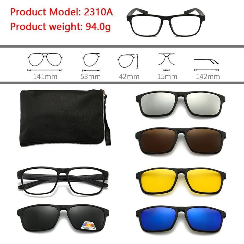 6 In 1 Polarized Sunglasses Men Women Magnetic Clip On Glasses TR90 Optical Prescription Eyeglass Frames Magnet Clips
