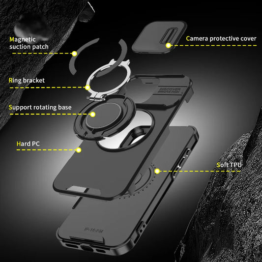 Luxus Robuste Panzer Magnetische Halterung Hülle für iPhone 16 15 14 13 12 11 Pro Max Plus Schiebe Kamera Schutz PC Cover
