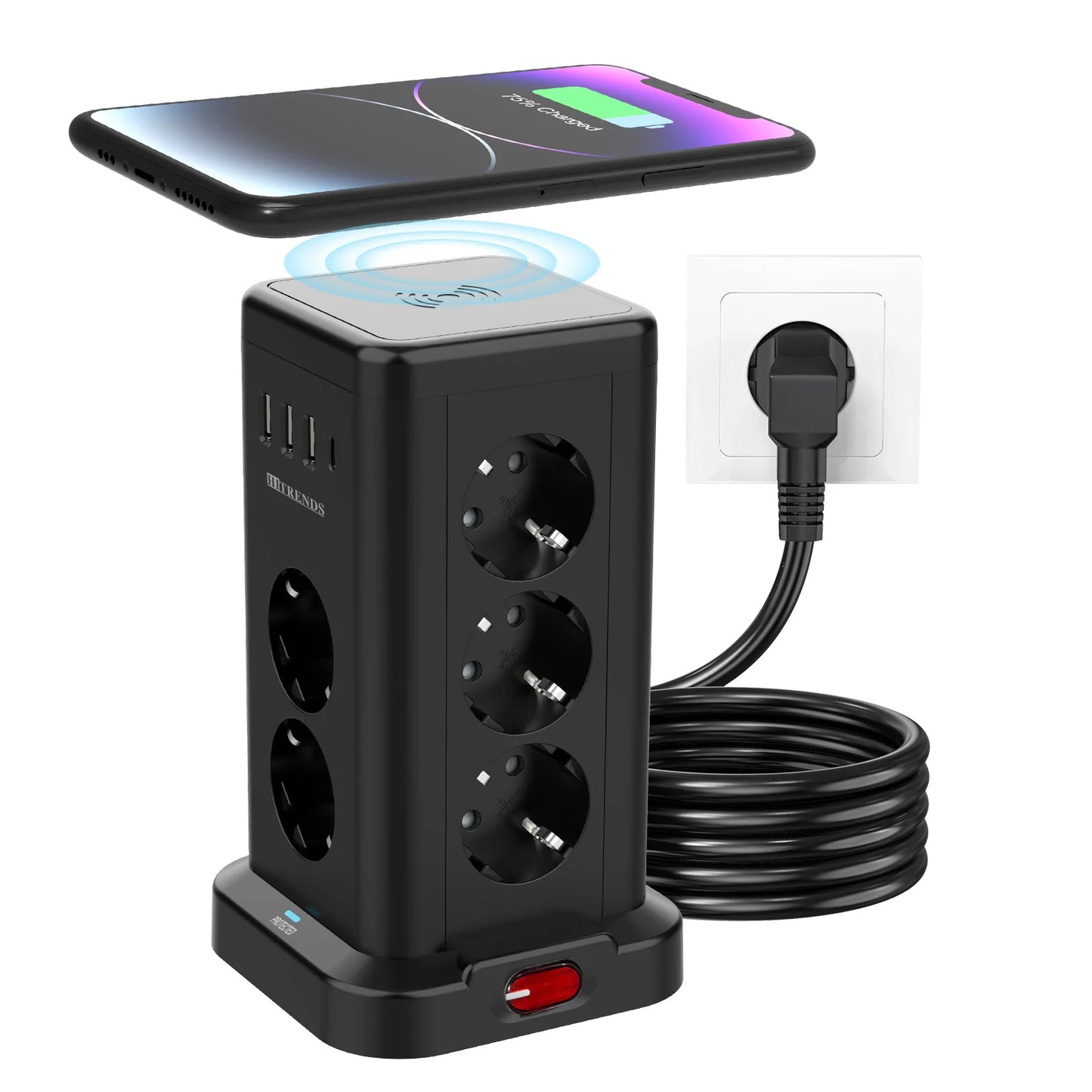 15-in-1 intelligente Steckdosenleiste kabelloses Schnellladen 3680W 3USB-A und 1USB-C 2 Meter Verlängerungskabel Hauptschalter