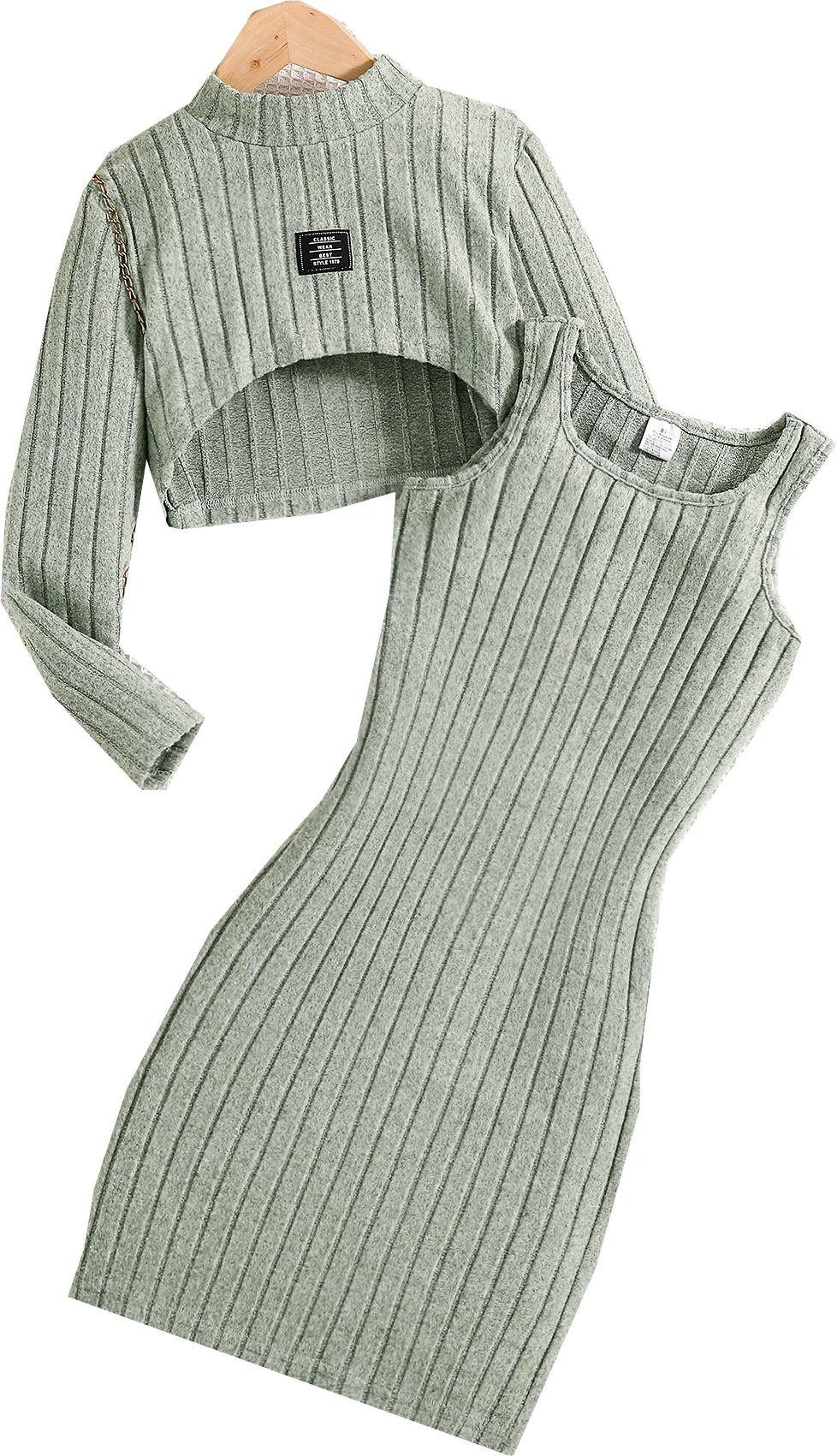 Neue Strickwaren für Mädchen im Frühling und Herbst: einfarbiges, geripptes Langarmshirt mit mittlerem Kragen und ärmellosem Weste, lässiges Kleid, zweiteiliges Set