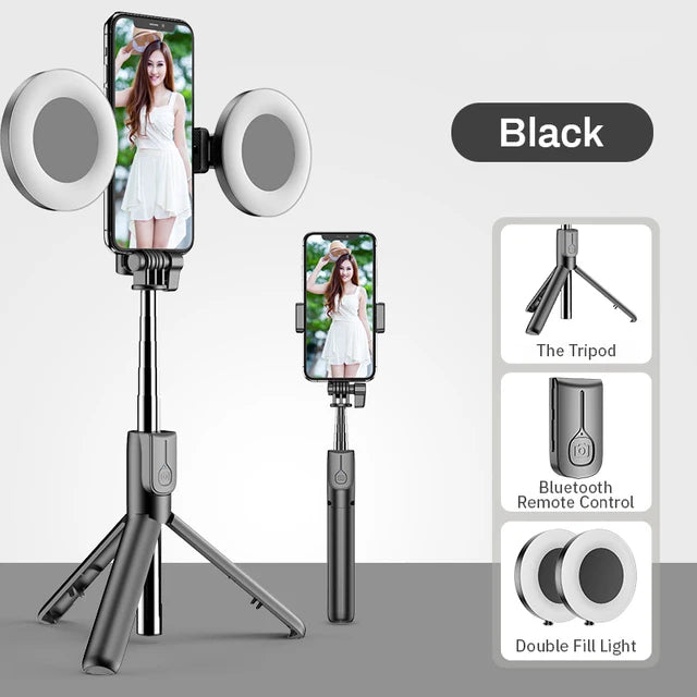 4-in-1 kabelloser Bluetooth-kompatibler Selfie-Stick, LED-Ringlicht, ausziehbares Handheld-Monopod, Live-Stativ für iPhone X 8 Android