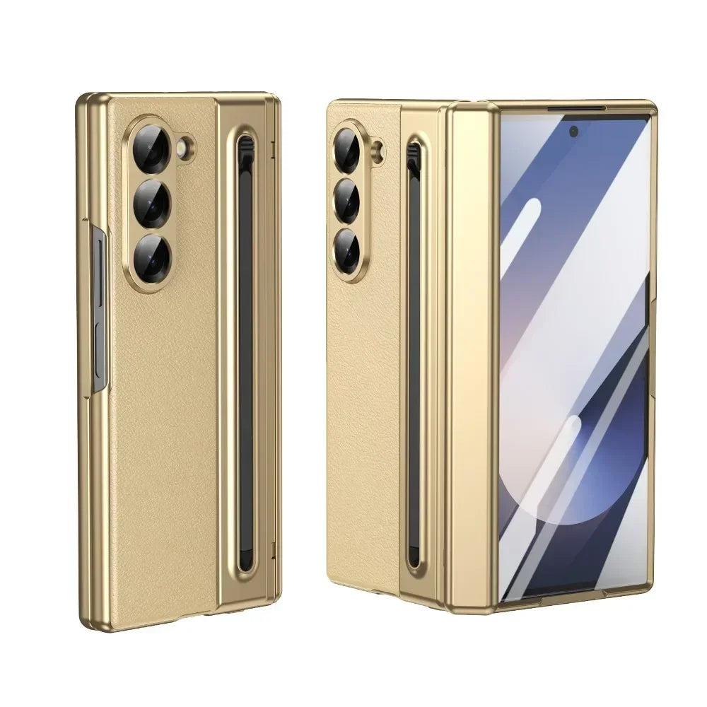 Leder mit Stahlfilm Stifthalter Handyhülle für Samsung Galaxy Z Fold 7 6 5 4 Fold7 Fold6 Scharnierschutz Stoßfeste Hülle