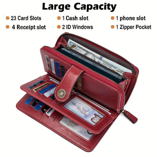 Rfid Anti-Theft Large Capacity Long Wallet Credit Card Holder Vintage Large Capacity Leather Clutch Solid Color Women's Wallet Multifunctional Zipper Wallet with Wrist Strap