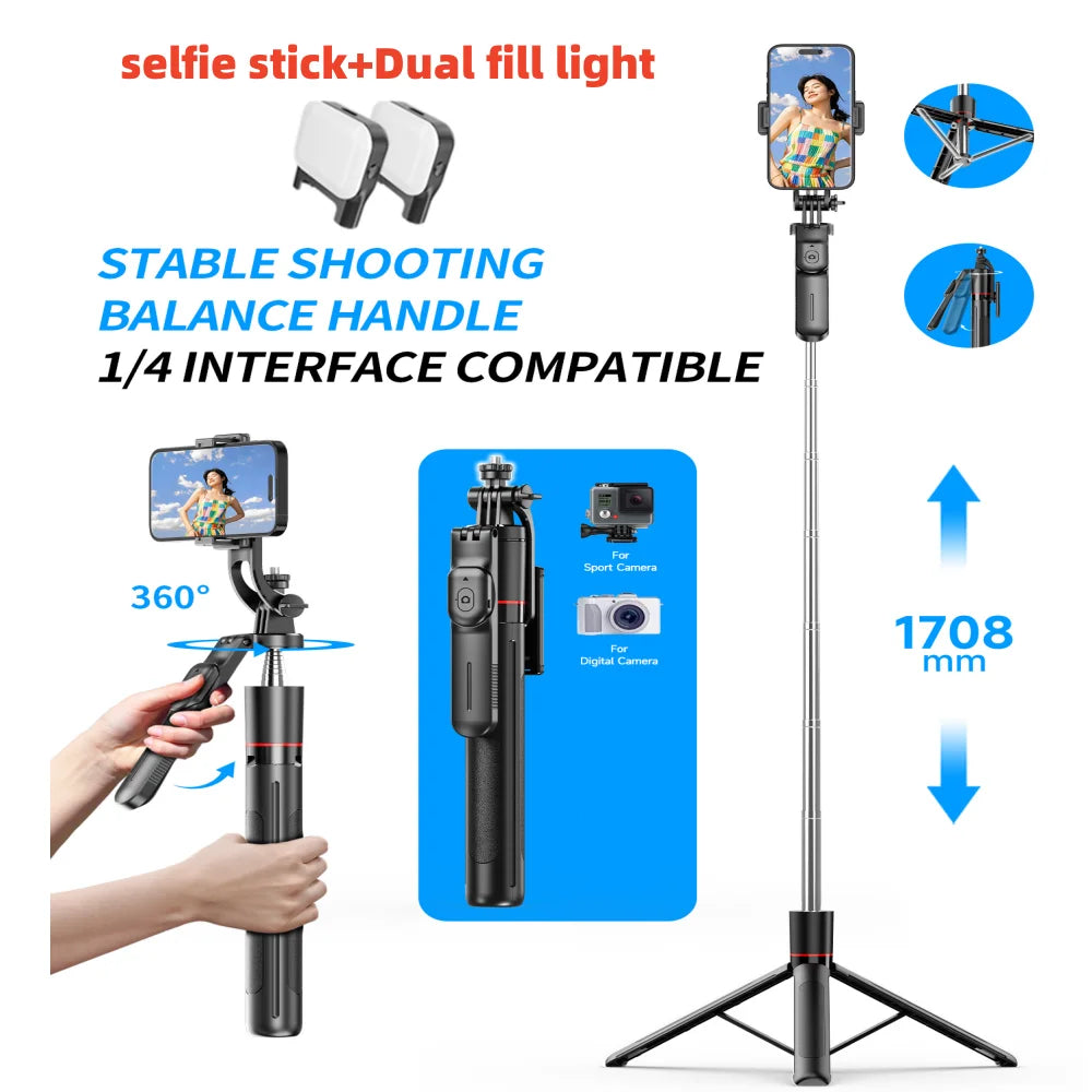 FGCLSY Perche à Selfie Téléscopique Trépied Monopode Support Téléphone Portable Stabilisateur Cardan Sans Fil pour iPhone et Android