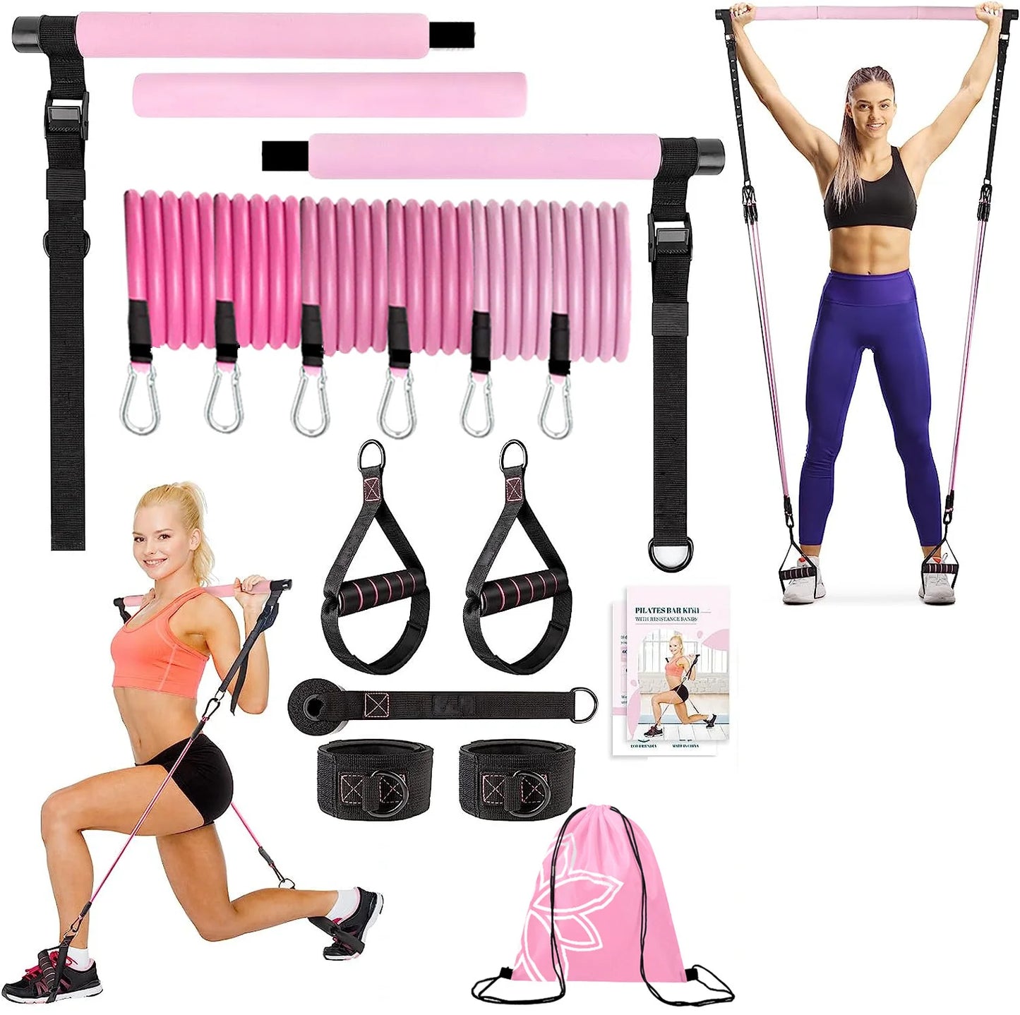 Pilates Bar Kit mit Widerstandsbändern Multifunktionaler Yogabar Tragbares Heim-Fitnessstudio Widerstandsstab-Kit für Ganzkörpertraining