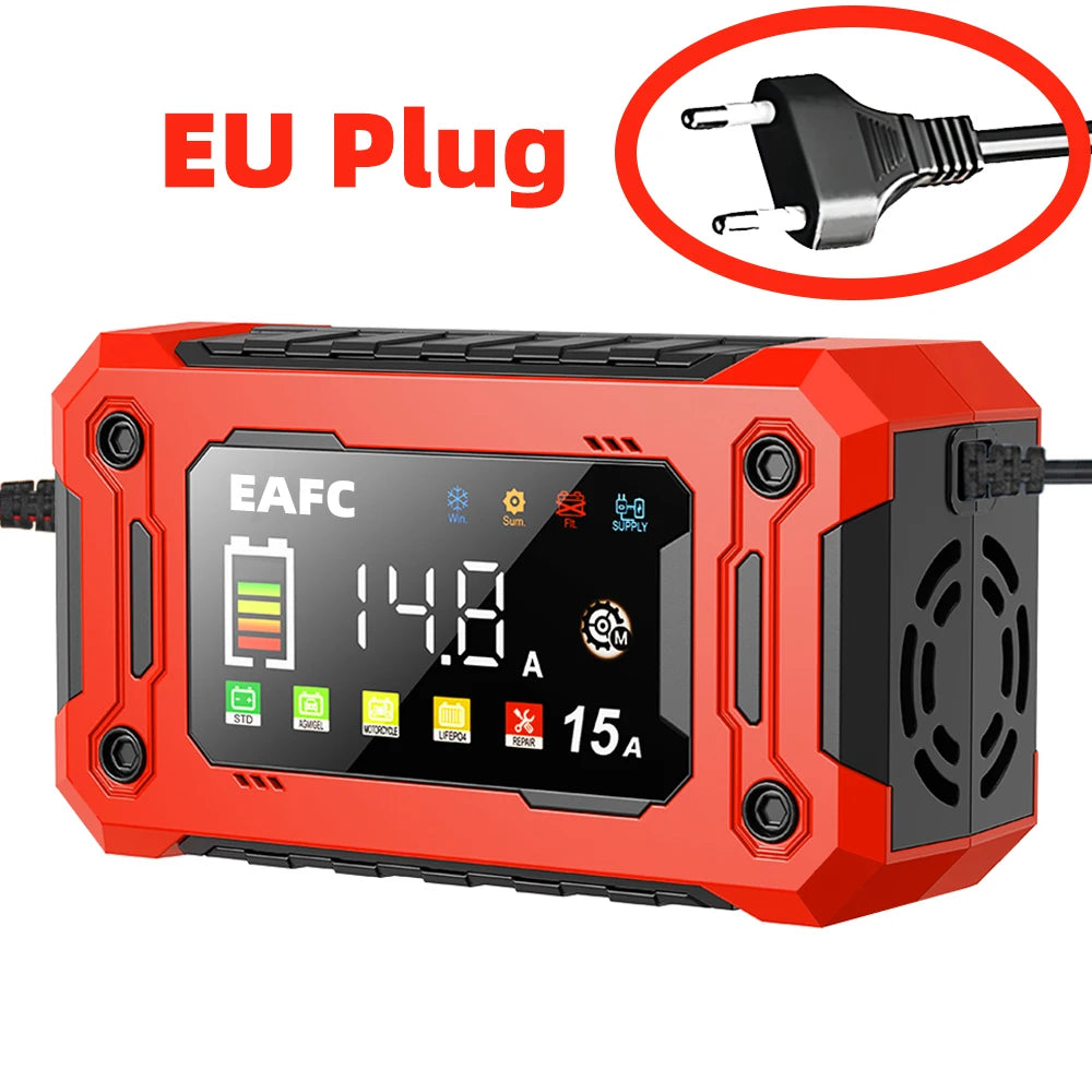 Neuestes 12V Auto Batterieladegerät 15A/8A Puls Reparatur Großes Display Smart Ladegerät für Auto Motorrad Blei-Säure AGM GEL Batterien