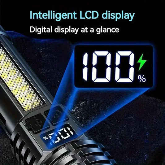 Leistungsstarke LED-Taschenlampe Typ C Wiederaufladbare wasserdichte Taschenlampe mit Seitenlicht 5 Modi Zoomlampe für Camping Angeln Laterne